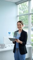 Professional healthcare worker using digital tablet with medical interface icons in modern hospital office environment for telemedicine applications.