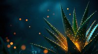 Glowing aloe vera plant with magical sparkles and bokeh lights against dark turquoise background creates mystical atmosphere for wellness and nature concepts.