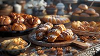 Fresh baked sweet pastries and croissants dusted with powdered sugar on rustic wooden board, warm morning bakery atmosphere with nuts and treats.
