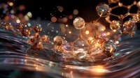 Magical water drops splashing with glowing bokeh lights creating ethereal spheres and ripples on dark liquid surface, artistic macro photography.