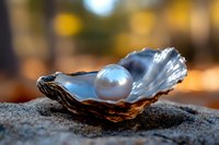 Single white pearl in open oyster shell on sandy beach with soft bokeh background, macro photography highlighting natural luxury and marine treasure.