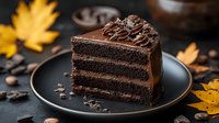 Rich chocolate layer cake slice with ganache frosting on dark plate surrounded by autumn leaves and coffee beans for dessert menu design.