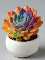 Vibrant rainbow succulent plant with colorful gradient leaves from blue and purple to orange and yellow, growing in small white ceramic pot against neutral background.