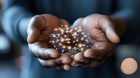 African American hands cupping glowing network of connected dots and lines, representing digital transformation, artificial intelligence and technological innovation.