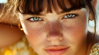 Young woman with freckles and green eyes in warm sunlight showcasing natural beauty and golden hour lighting for lifestyle and portrait photography.