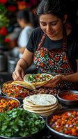 Hispanic female chef preparing fresh street tacos with various toppings and tortillas at restaurant kitchen. Traditional Mexican food preparation showing authentic cooking.