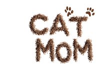 Text "CAT MOM" arranged with brown coffee beans on white background with paw prints, isolated design element for pet-themed products and cafe decor.