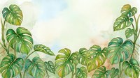 Lush green monstera leaves frame a soft watercolor background with peachy and blue tones, creating an elegant botanical border design suitable for invitations, wall art, and stationery projects.