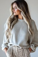 Young Caucasian woman with long blonde balayage hair wearing casual grey sweater and sequin skirt, looking sideways against light background in natural lighting.