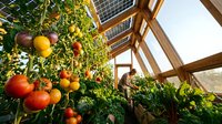 Ripe tomatoes and vegetables growing on vines inside a wooden greenhouse with solar panels, sustainable urban farming and renewable energy for organic food production.
