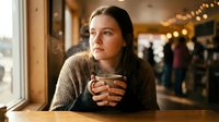 Young woman enjoying warm drink in cozy cafe with bokeh lights, perfect for lifestyle and hospitality marketing campaigns.