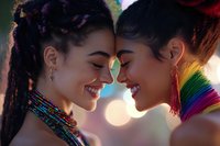 Young African American women sharing intimate moment with rainbow lighting, wearing colorful beaded necklaces and tassel earrings, expressing joy and connection.