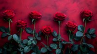 Red roses with dark green leaves arranged in row against dramatic burgundy background with mysterious fog effect and moody lighting creates romantic atmosphere.