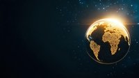 Golden glowing Earth planet with bright sunlight and stars in dark space background for global business and environmental concepts.
