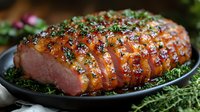 Glazed honey ham with diamond scoring pattern garnished with fresh herbs and pink peppercorns on black plate. Traditional holiday main dish with sweet glaze.