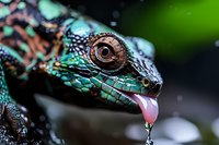 Extreme close-up macro photography of chameleon head with iridescent turquoise scales, showing detailed eye, water droplet falling from extended pink tongue against dark background.