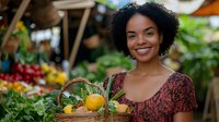 Smiling young African American woman holding a basket of fresh vegetables and fruits at a colorful outdoor farmers market.