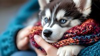 Husky puppy with striking blue eyes and black and white markings, wrapped in a cozy knitted scarf, held by a person wearing a blue sweater. Warm, affectionate moment.