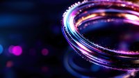 Glowing neon ring with purple and blue light effects on dark background, abstract circular shape with bokeh and sparkles creates futuristic atmosphere.