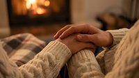 Couple holding hands while relaxing by fireplace in cozy living room setting, conveying warmth, comfort, and intimate togetherness during winter evening at home.