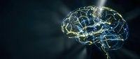 Digital brain with glowing neural networks and electric connections on dark background for technology, artificial intelligence and neuroscience concepts.