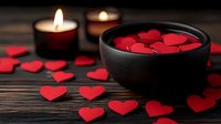 Red paper hearts scattered around black ceramic bowl with burning candles creating romantic atmosphere on dark wooden background. Perfect for Valentine's Day designs.