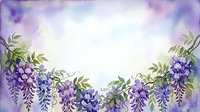 Watercolor wisteria floral border with purple blooms and green leaves on soft lavender background, copy space for text or greeting cards.