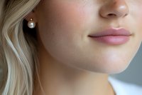 Close up of plump pink lips and pearl earring on young caucasian woman with blonde hair, showing smooth skin and natural makeup in soft lighting.