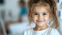 Cheerful young girl with brown hair and bright smile wearing white shirt looking at camera, natural indoor lighting creates soft portrait atmosphere.