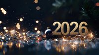 Glittering golden 2026 numbers with Christmas ornaments and bokeh lights on dark background creating magical holiday atmosphere with reflective surface.