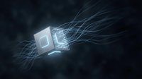 Glowing digital cube with flowing light streams on dark background, representing data processing, technology, and network connectivity for digital transformation concepts.