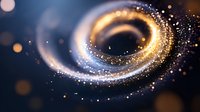 Golden spiral galaxy with glowing particles and stardust creating cosmic swirl pattern on dark blue background for astronomy and space science concepts.