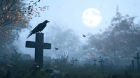 Raven perched on cemetery cross in foggy twilight with full moon, creating eerie atmosphere for Halloween or gothic themes.