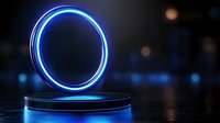 Glowing blue neon circle ring floating above black reflective platform with bokeh background effects. Modern futuristic display podium for product showcase.