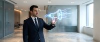 Young Caucasian businessman in suit touching glowing holographic megaphone in modern office, digital marketing and communication concept.