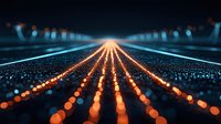 Glowing orange and blue light trails converge to horizon point on dark background with bokeh effect creating futuristic perspective grid pattern.