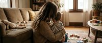 Young mother with long brown hair holding infant baby in striped outfit while sitting on beige sofa in cozy living room with warm natural lighting.