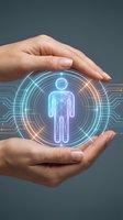 Hands protecting glowing neon human figure with digital circuit patterns, representing healthcare, technology, and human protection for medical and tech industry applications.