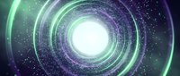 Glowing spiral vortex with concentric rings of green and purple light particles swirling around bright central core, creating hypnotic tunnel effect for sci-fi, technology, and digital backgrounds.