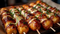 Grilled chicken meatballs on wooden skewers with teriyaki glaze and green onions, Japanese yakitori style barbecue food ready to serve.
