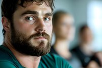 Confident bearded Caucasian man in green shirt gazes intently forward with determined expression while two blurred figures stand in background. Professional portrait.