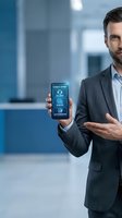 Professional businessman presenting smartphone with technical support app interface in modern office environment for customer service solutions.