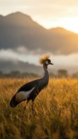 Crowned crane standing in golden grassland at sunset with mountains in background, wildlife photography showcasing African bird species in natural habitat.