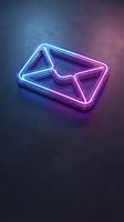 Glowing neon email envelope icon with blue and purple gradient lighting effects on dark background for digital communication and marketing concepts.