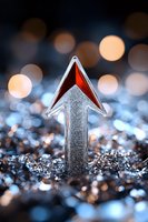 Metallic arrow pointing upward on sparkling surface with soft bokeh lights in background, symbolizing growth, success and forward momentum in business context.
