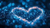 Glowing heart shape created by soft bokeh lights in blue and pink colors against dark background, romantic magical atmosphere with sparkling effect.
