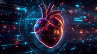 Glowing anatomical heart surrounded by futuristic digital interface elements in dark space with neon blue and red lights, medical technology concept visualization.
