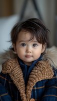 Adorable Asian toddler wearing plaid winter jacket with fuzzy collar, looking at camera with innocent expression against soft blurred background.
