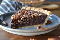 Slice of rich chocolate pecan pie with gooey fudge filling and toasted nuts on rustic blue plate, homestyle dessert photography for cookbooks and menus.