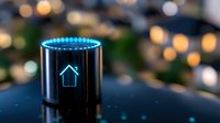 Glowing blue smart home icon on black device with bokeh lights background creates modern technological atmosphere for smart home concepts.